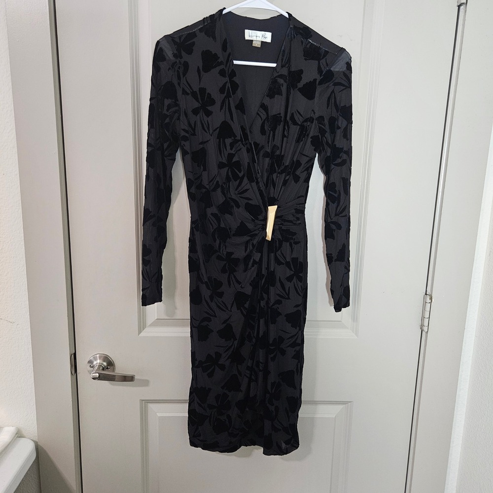 Harper Rose Black Burnout Velvet Floral Wrap Sheath Dress Gold Accent Size 4